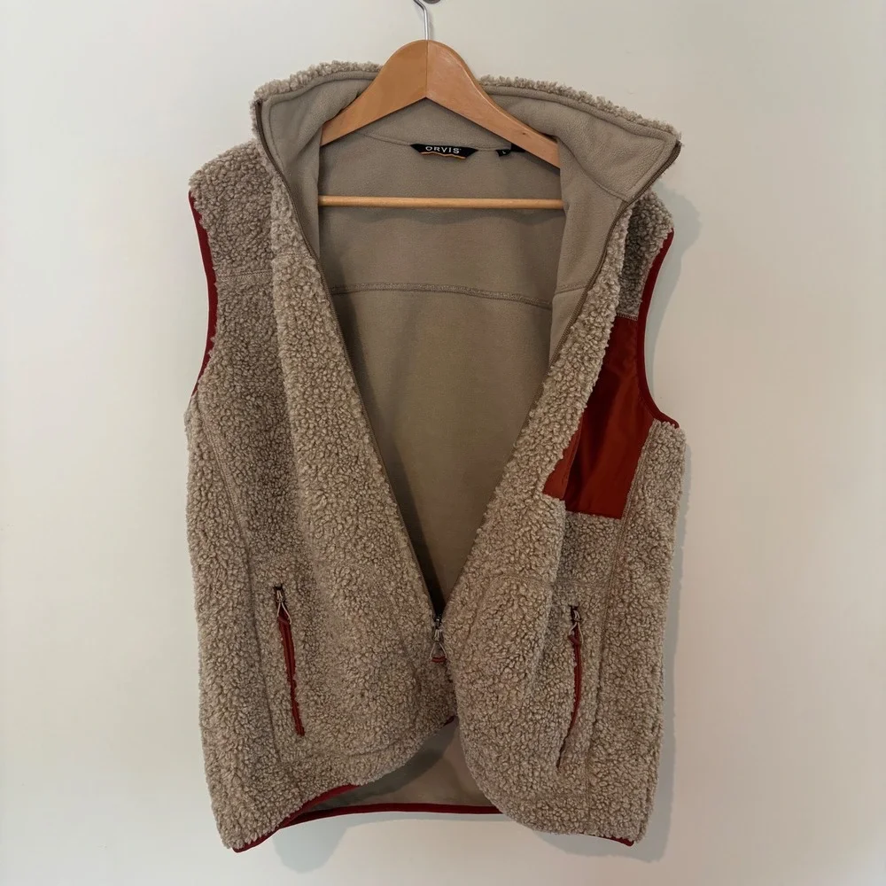 Orvis Mens Sherpa Fleece Vest Tan Beige Rust Red Full Zip Mock Neck Large